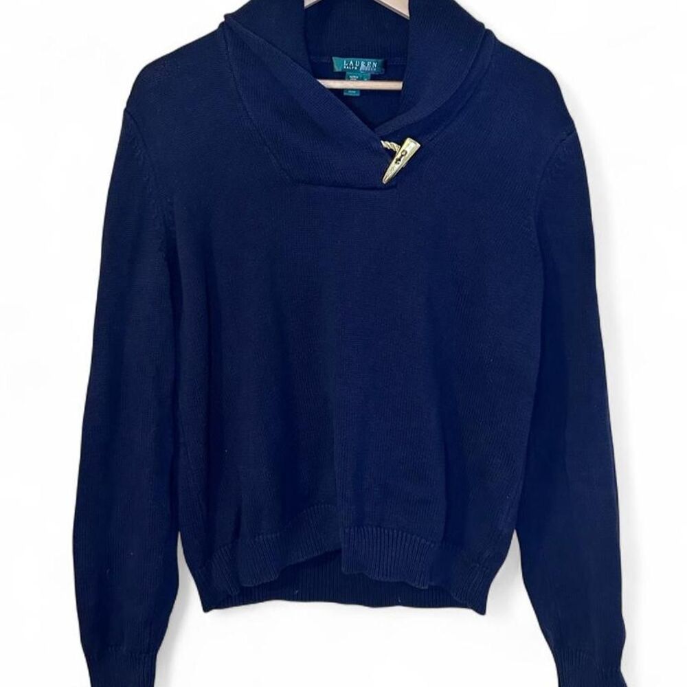 Lauren Ralph Lauren Gold Toggle Cotton Knit Sweater w/ Shawl Collar